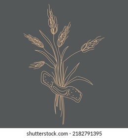 Wheat ear spikelet line art drawing vector illustration.Wheat ears bouquet with patch on dark background.Design element for poster, card, banner, menu.