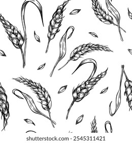 Wheat ear, stalks and grains black white graphic vector seamless pattern isolated. Repeated background of spikelet cereals, barley stems monochrome hand drawn by ink for natural design, bakery.