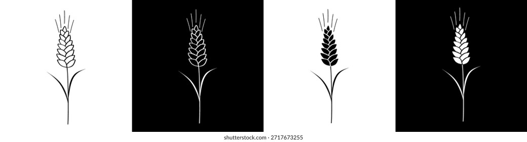Logotipo estilizado del símbolo del doodle del desgaste de trigo. Fije el signo de los cereales con el trigo, la avena, el centeno, el icono de la cebada aislado en el fondo blanco y negro. Orejas de símbolos de pan de trigo.