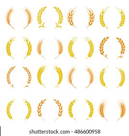 Wheat ear symbols for logo design  Agriculture grain  organic plant  bread food  Design elements for bread packaging beer label  Set silhouette circular laurel foliate   wheat wreaths 