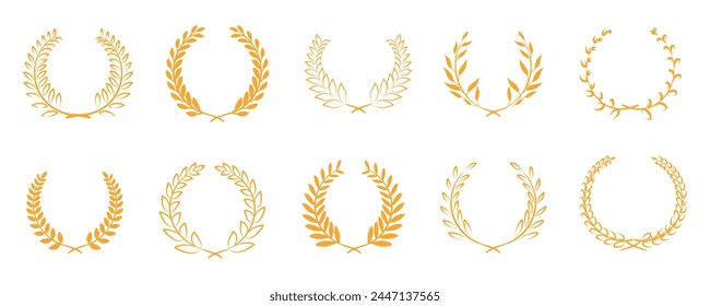 Wheat ear wreath collection. Set of golden wheat ear wreath element for winner, award, champion. Tree branch wreath