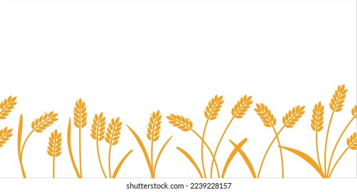 Wheat ears background. Barley or rice black silhouette seamless border, beer or bakery logo isolated pattern, organic farm elements for poster or banner, bread packaging, ripe spikelets vector set