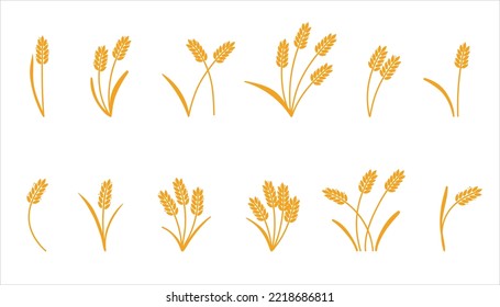 Wheat ears. Barley or rice yellow silhouette, beer or bakery logo isolated elements, organic farm elements for label and emblem, bread packaging, decorative objects, ripe spikelets, vector set