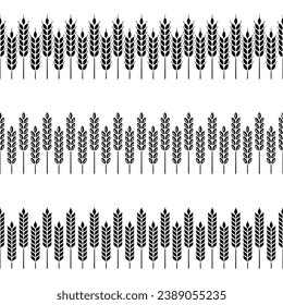 Wheat ears borders. Horizontal wheat, barley and rye frame seamless pattern brushes. Elements for beer, bread and bakery, flour product wrapping package. Vector set. Agricultural plants