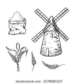 Wheat ears bunch, windmill and flour bag hand drawn black white vector illustrations. Monochrome graphic set of flour milling rustic items for design label of agriculture, baking, and organic products