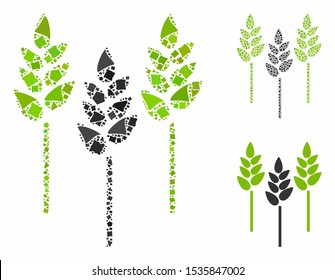 Wheat ears composition of bumpy pieces in various sizes and color tints, based on wheat ears icon. Vector irregular pieces are composed into collage. Wheat ears icons collage with dotted pattern.