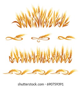 Wheat ears decorations. Cereal spikelets symbols isolated on white background. Design elements for bread packaging, beer label or organic grain products,