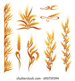 Wheat ears decorations. Cereal spikelets symbols isolated on white background. Design elements for bread packaging, beer label or organic grain products,