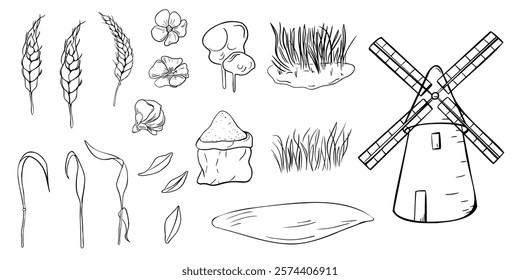 Wheat ears, flax, windmill, grass, flour bag, and grains hand drawn black white vector isolated. Set of line illustrations for design on the themes of agriculture, baking, and organic products.