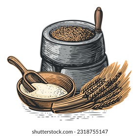 Orejas de trigo, harina, molinos. Ilustración vectorial. Transformación de semillas de cereales en harina para cocinar