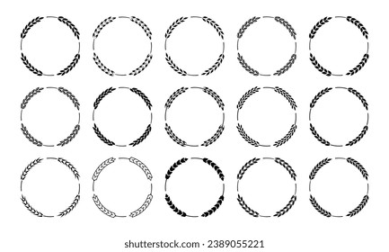 Wheat ears frames. Round wheat, barley and rye, rice borders. Circular design elements for beer, bread sticker and bakery, flour product wrapping package. Vector set. Natural spike labels svg