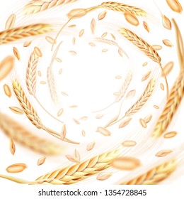 Wheat ears and grains whirl in the air. Wheat in motion on a white background. Realistic vector illustration for your design bread products and bakery package.