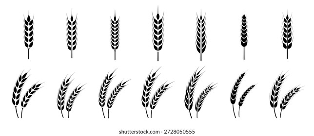 Conjunto de ícones de orelhas de trigo. Logotipo do trigo. Os picos de grãos definem o ícone icons.Grain. Símbolo de agricultura. ilustração de vetor