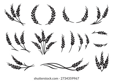 Conjunto de ícones de orelhas de trigo. Logotipo do trigo. Picos de grãos definem ícones.Ícone de grãos. Símbolo de agricultura. ilustração vetorial