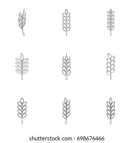 Wheat ears icon set. Outline style set of 9 wheat ears vector icons for web isolated on white background