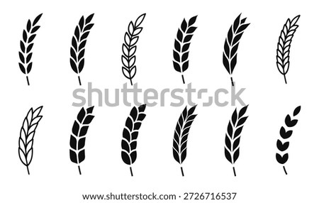 Wheat ears icons. Grain spike icon. Agriculture symbol. Gluten sign. Cereal, bread, harvest, bakery logo. Organic wheat plants. Vector illustration.