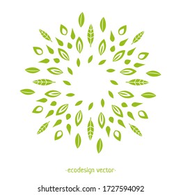 Wheat ears leaves and seed vector ornament. Green Eco design round pattern. Vector decorative borders design. Logo design template, icons and badges for natural organic product in linear style.