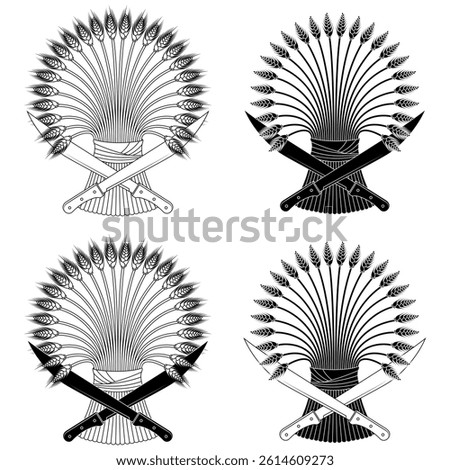 Wheat ears with machetes, Organic farm cereals, Harvesting tool with Wheat sheaf, Crossed machetes with wheat ears