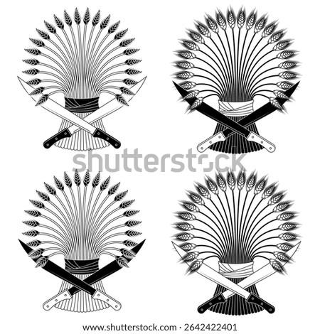 Wheat ears with machetes, Organic farm cereals, Harvesting tool with Wheat sheaf, Crossed machetes with wheat ears