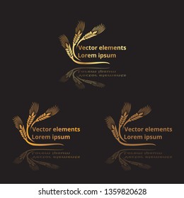 Wheat ears, oats or barley three vector    logotypes set golden on black background. Eco natural ingredient element, healthy food or agriculture, bread realistic for web and print, 3d decoration