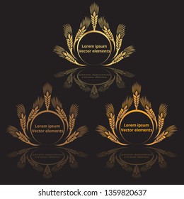 Wheat ears, oats or barley three vector    logotypes set golden on black background. Eco natural ingredient element, healthy food or agriculture, bread realistic for web and print, 3d decoration