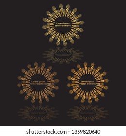 Wheat ears, oats or barley three vector    logotypes set golden on black background. Eco natural ingredient element, healthy food or agriculture, bread realistic for web and print, 3d decoration