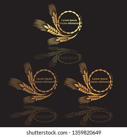 Wheat ears, oats or barley three vector    logotypes set golden on black background. Eco natural ingredient element, healthy food or agriculture, bread realistic for web and print, 3d decoration