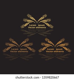 Wheat ears, oats or barley three vector    logotypes set golden on black background. Eco natural ingredient element, healthy food or agriculture, bread realistic for web and print, 3d decoration