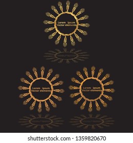 Wheat ears, oats or barley three vector    logotypes set golden on black background. Eco natural ingredient element, healthy food or agriculture, bread realistic for web and print, 3d decoration
