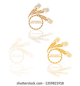 Wheat ears, oats or barley three vector    logotypes set golden on white background. Eco natural ingredient element, healthy food or agriculture, bread realistic for web and print, 3d decoration