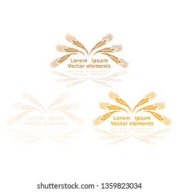 Wheat ears, oats or barley three vector    logotypes set golden on white background. Eco natural ingredient element, healthy food or agriculture, bread realistic for web and print, 3d decoration