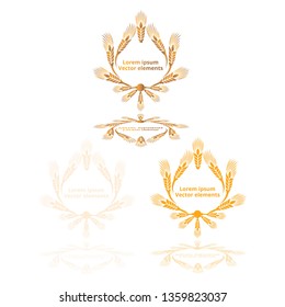 Wheat ears, oats or barley three vector    logotypes set golden on white background. Eco natural ingredient element, healthy food or agriculture, bread realistic for web and print, 3d decoration