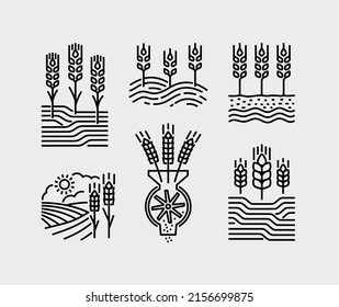 Wheat ears on farm fields vector line icons