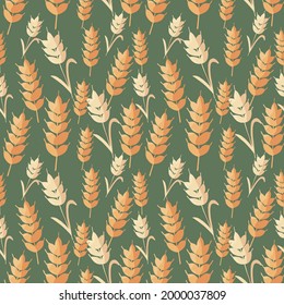 Wheat ears on violet background. Endless vector texture. Illustration for agriculture or bakery, print for textile.