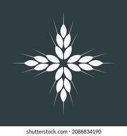 Wheat ears ornament and pattern. Vector illustration and white silhouette on dark background. Editable template. 