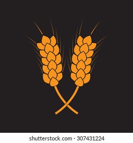 Wheat ears or rice icon. Crop symbol isolated on black background. Design element for bread packaging or beer label. Vector illustration.