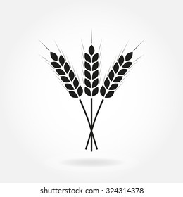 Wheat ears or rice icon. Crop, barley or rye symbol isolated on white background. Design element for beer label or bread packaging. Vector illustration.