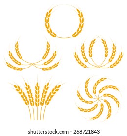 Wheat ears or rice icons set. Agricultural symbols isolated on white background. Design elements for bread packaging or beer label. Vector illustration.