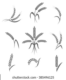 Wheat ears or rice icons set. Agricultural symbols isolated on white background. Design elements for bread packaging or beer label. Vector illustration.