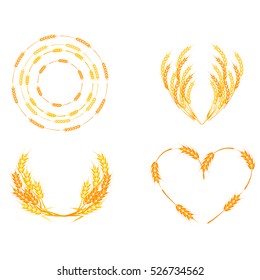 Wheat ears or rice icons set. Agricultural wheat spikelets symbols isolated on white background. Organic farm agriculture crop seed bread packaging or beer label. Vector wheat spikelets.
