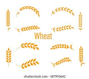 Wheat Ears Or Rice Icons Set. Agricultural Symbols Isolated On White Background. Design Elements For Bread Packaging Or Beer Label. Vector Illustration.