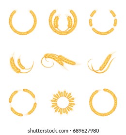 Wheat ears or rice icons set. Agricultural wheat spikelets symbols isolated on white background. Organic farm agriculture crop seed bread packaging or beer label. Vector wheat spikelets.