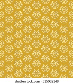 Wheat ears seamless pattern. Stylized elegant linear ears white on yellow color.