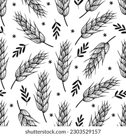 Wheat ears seamless vector pattern. Sketch of barley, rice, oat. Field plant harvest, farm organic grain. Hand drawn illustration, agricultural herb. Black and white background for packaging, print