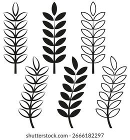 Wheat ears stalks. Vector grain symbols. Harvest spikelet set. Monochrome plant illustration. EPS 10.