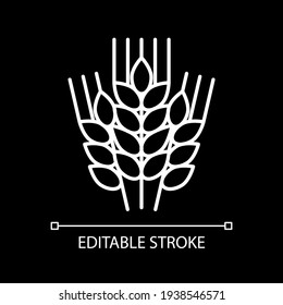 Wheat ears white linear icon for dark theme. Grain crop. Farmers harvest. Staple food. Thin line customizable illustration. Isolated vector contour symbol for night mode. Editable stroke