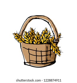Wheat ears in wicker basket. Sketchy composition with fresh organic food. Farming theme hand drawn elements. Doodle style drawing with offset effect. Vector illustration.