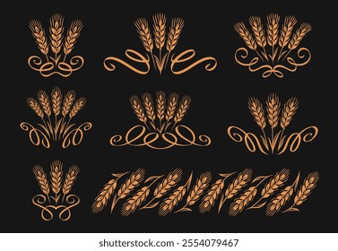 Wheat emblem symbols set. Decorative design elements for packaging or labels of bread or bakery products