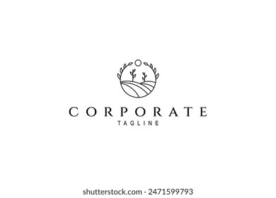 wheat farm field logo with circle shape in line art design style