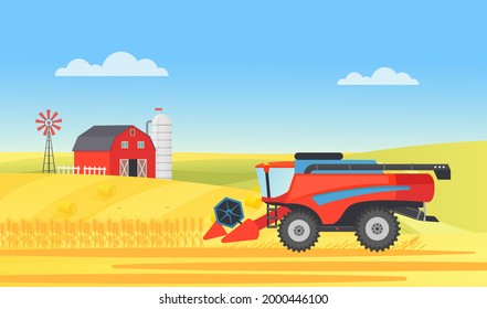 Explotador de granjas de trigo que trabaja en el paisaje rural de las aldeas, trabajo agrícola ilustrativo vectorial. Fabricante de caricaturas agrícolas cosechando en el campo de cultivo de campo con granero y fondo de molino